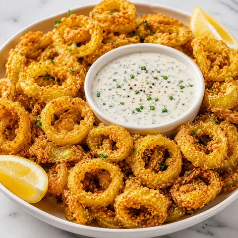 Crispy fried banana pepper rings with creamy ranch dip