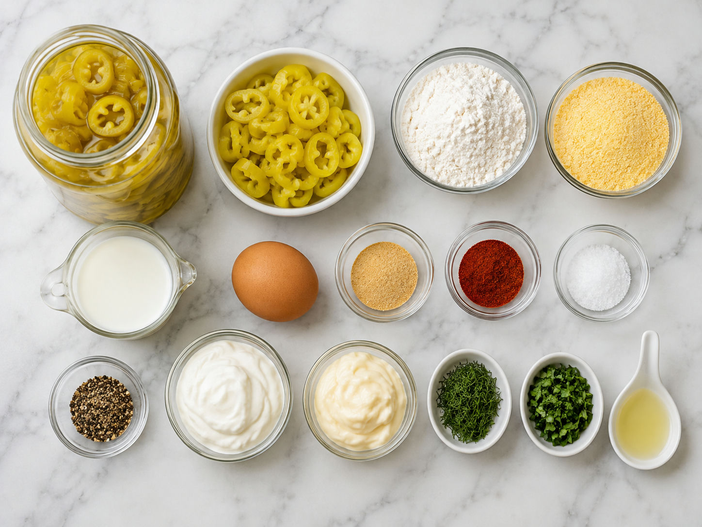 Ingredients for fried banana peppers with ranch dip on a wooden surface