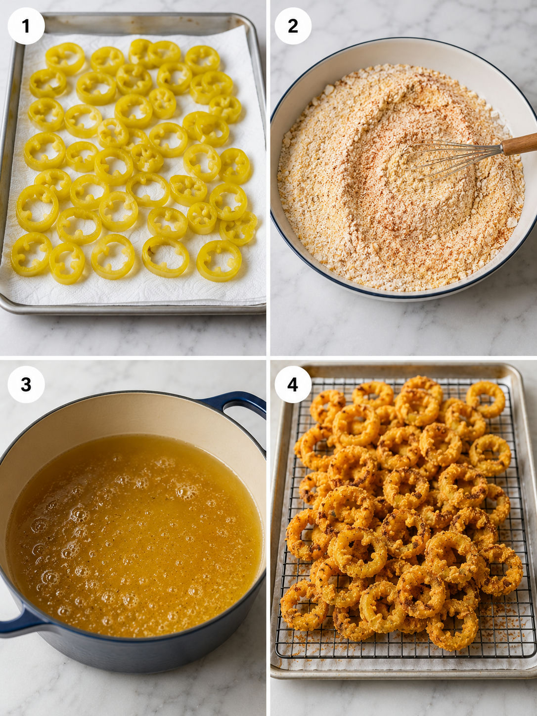Steps for drying, coating, frying, and draining banana pepper rings