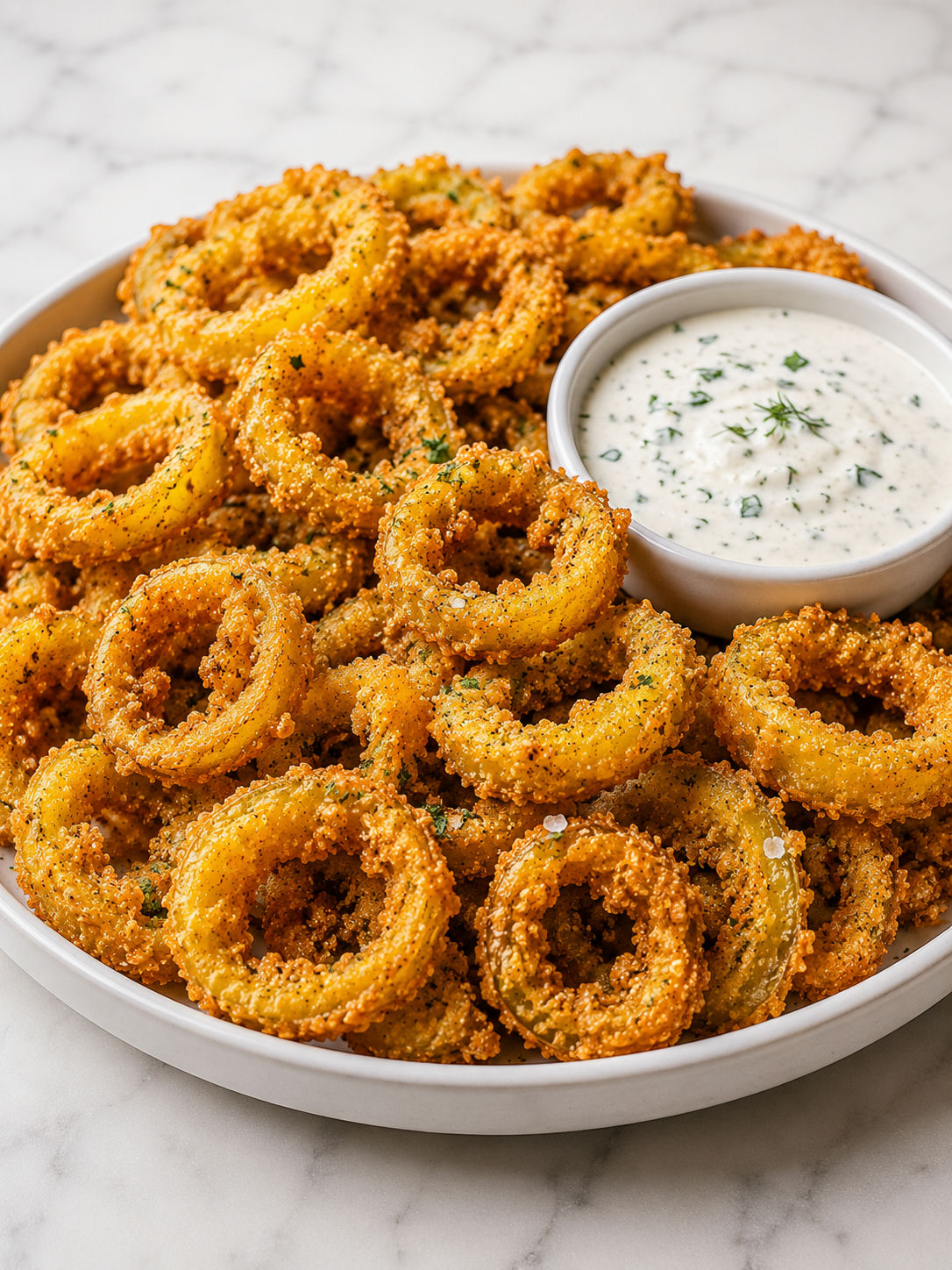 Golden fried banana pepper rings stacked beside ranch dip