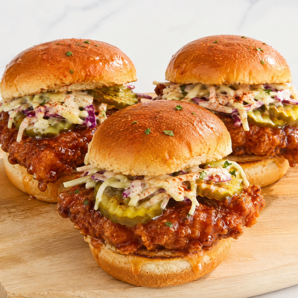 Hot honey chicken sliders with pickles and creamy slaw on toasted rolls