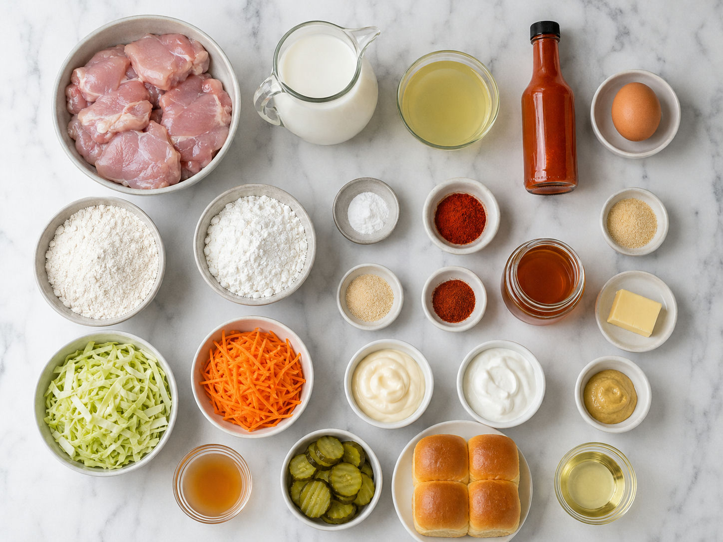Ingredients for hot honey chicken sliders with cabbage, pickles, honey, and rolls