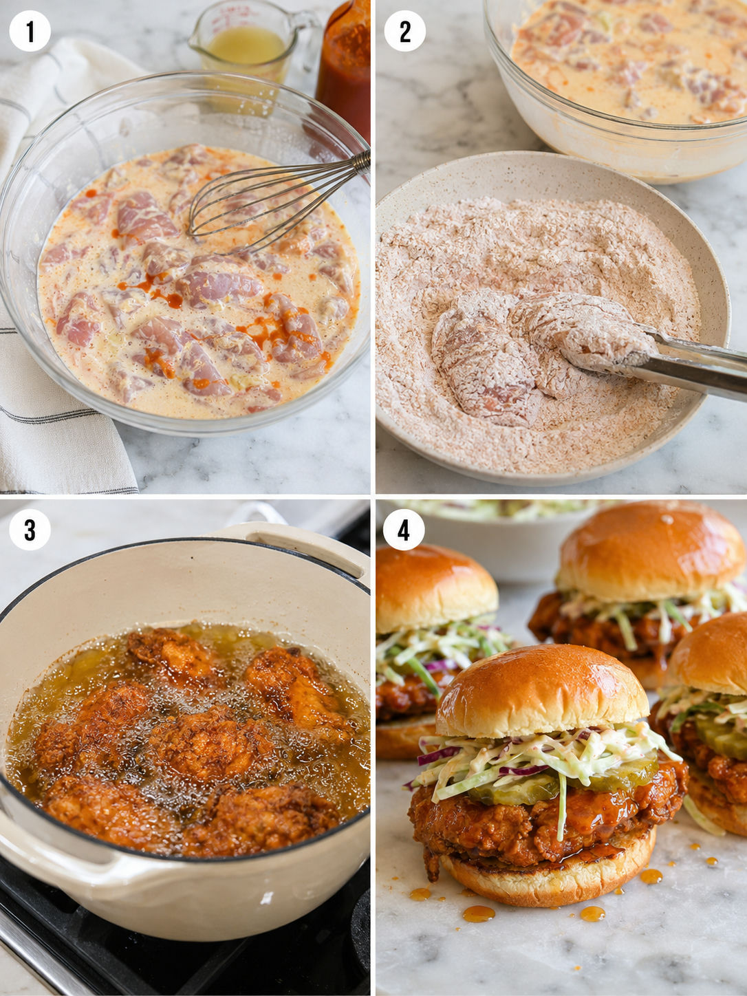 Four cooking steps for hot honey chicken sliders with slaw and pickles