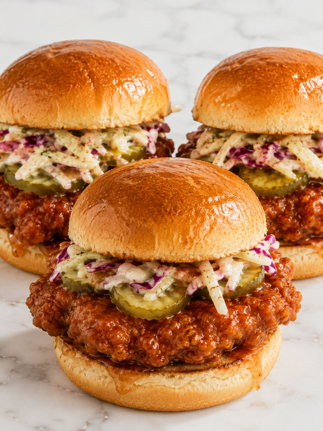 Crispy hot honey chicken sliders stacked with pickles and creamy slaw