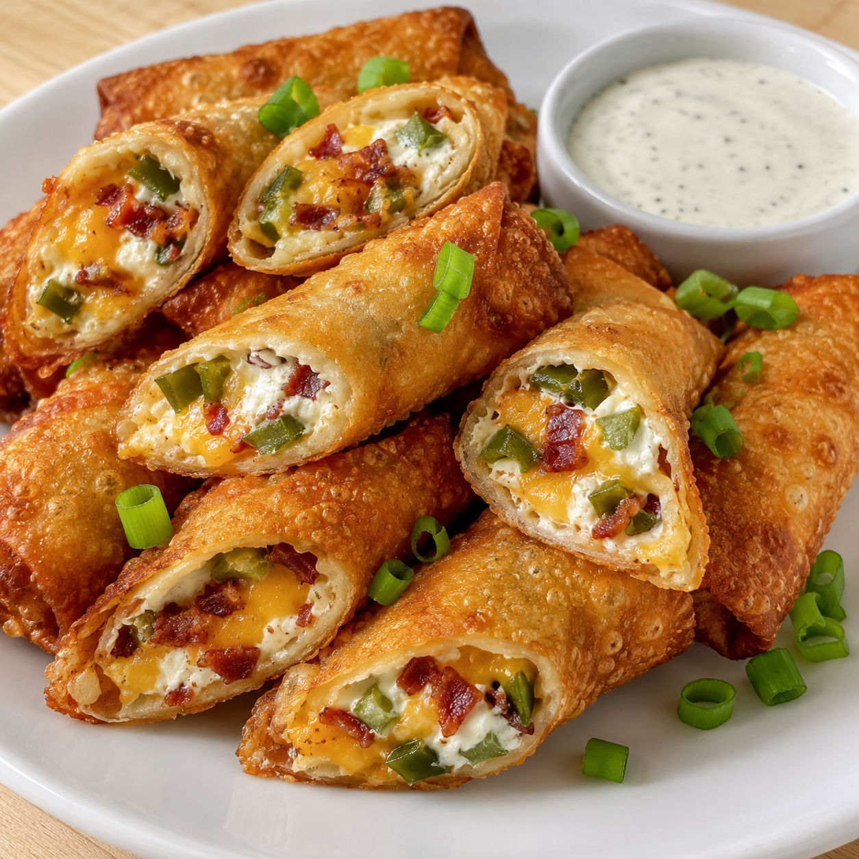 Crispy mini jalapeño popper egg rolls with ranch and green onion