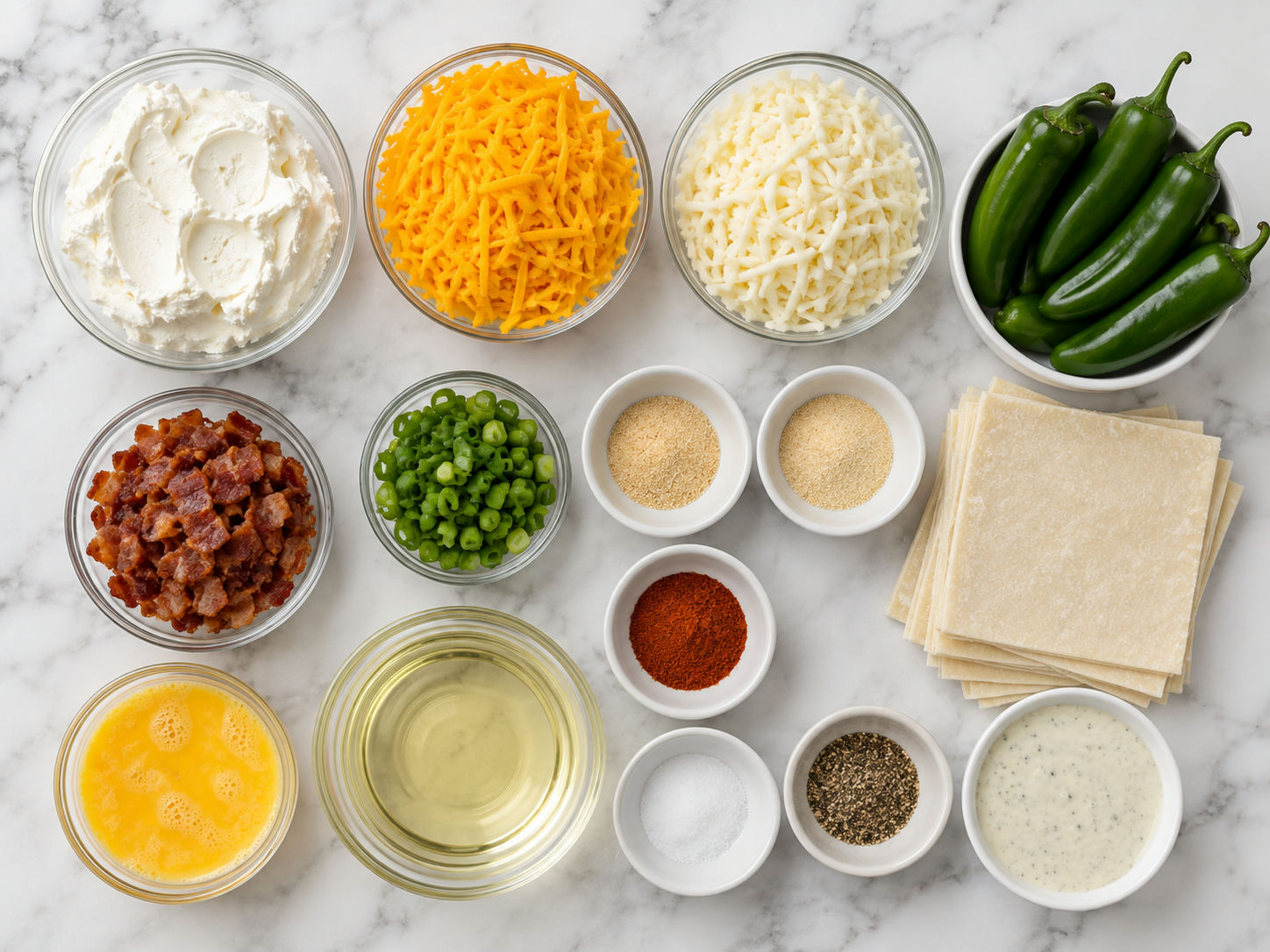 Ingredients for jalapeño popper egg rolls with cheese, bacon, and wrappers