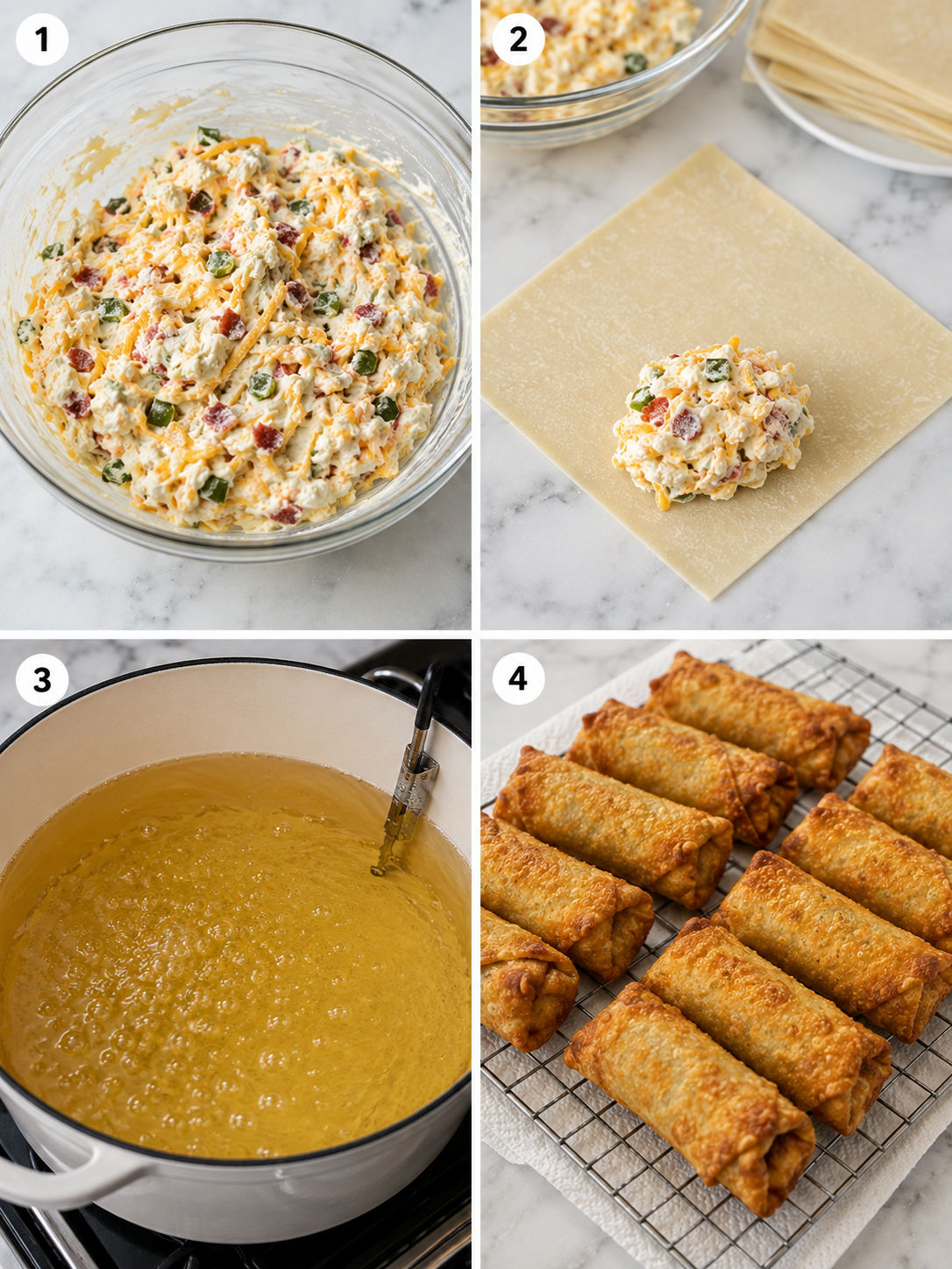 Four steps for making mini jalapeño popper egg rolls