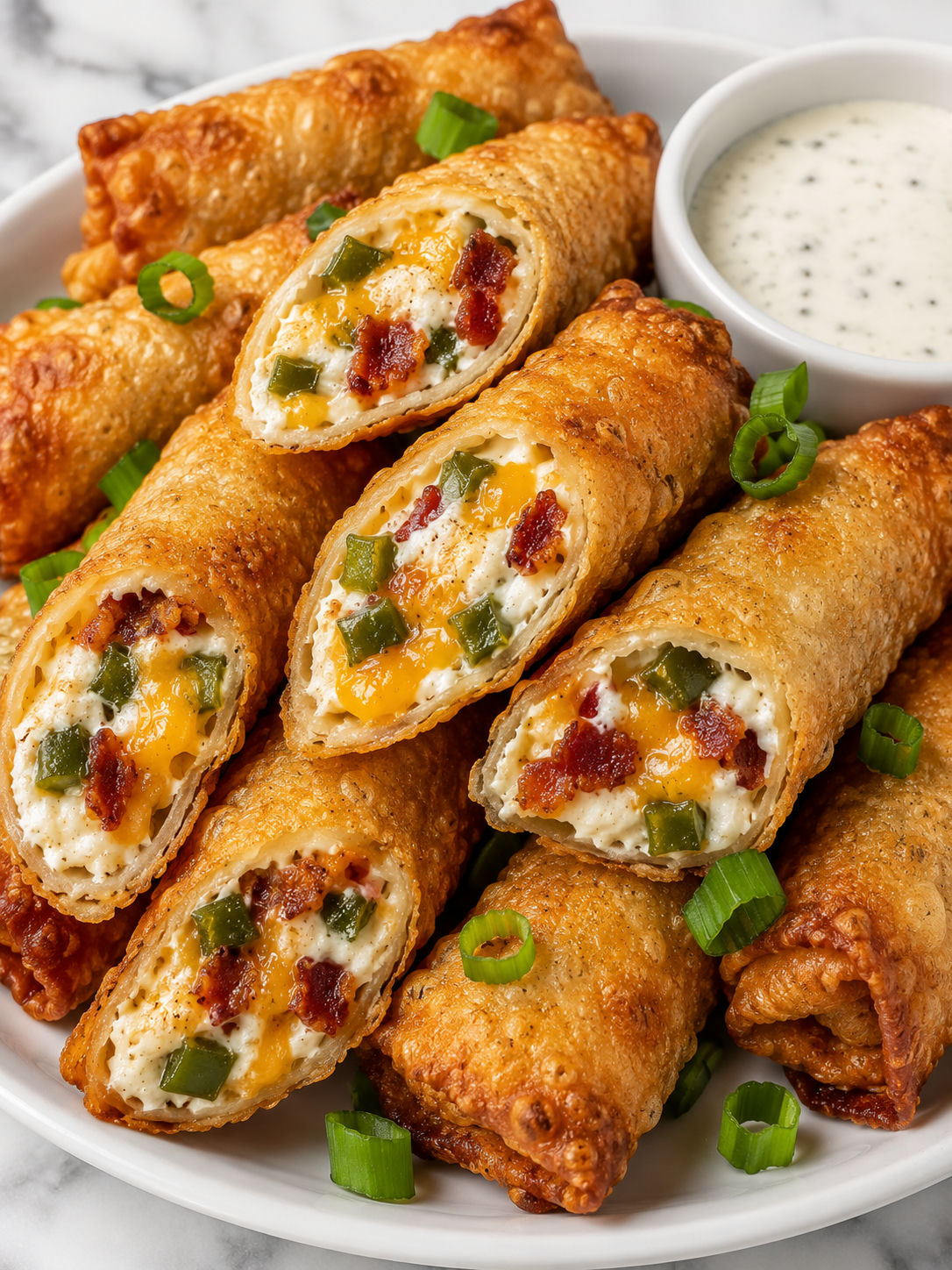 Golden jalapeño popper egg rolls with creamy bacon cheese filling