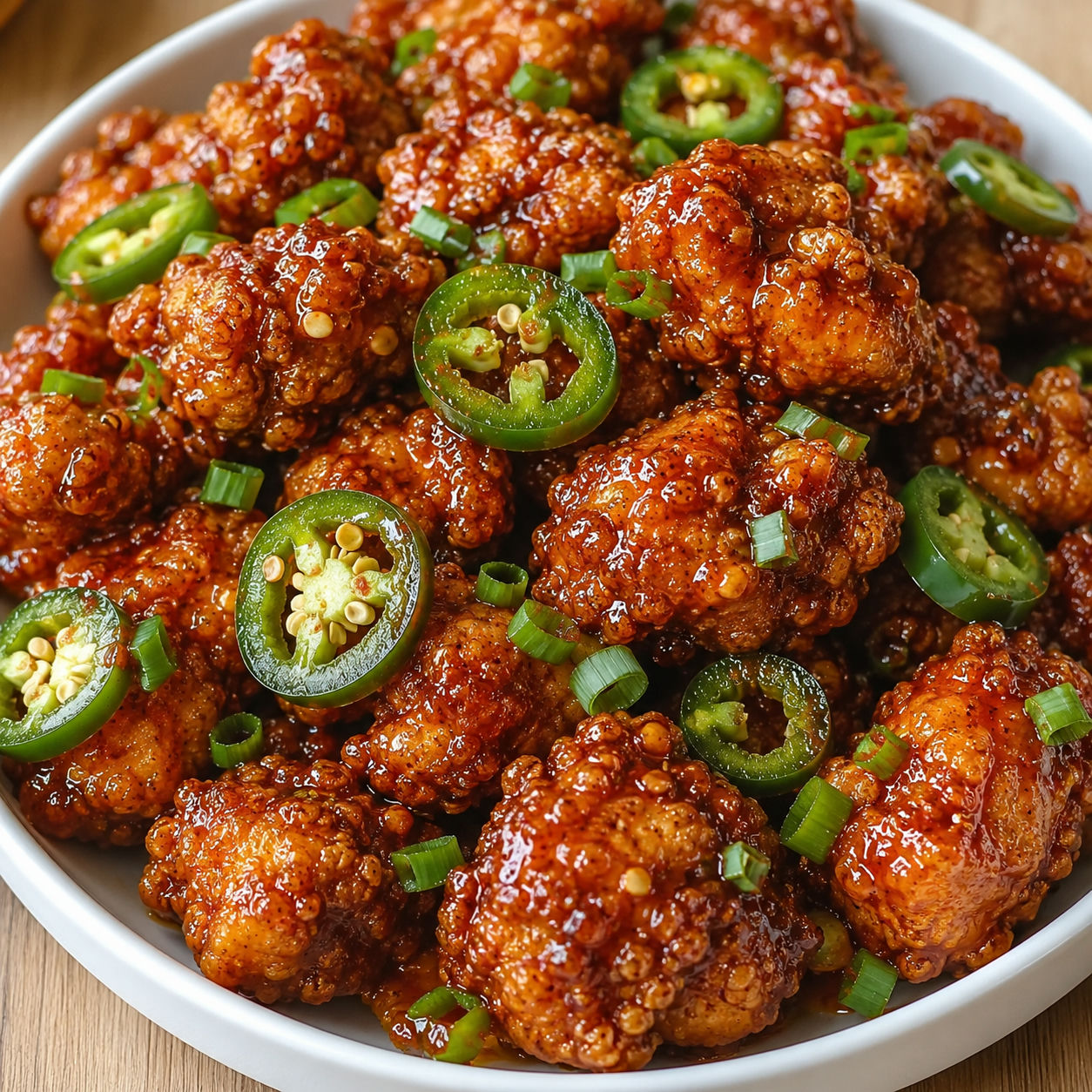 Crispy spicy jalapeño chicken with glossy glaze and green pepper rings