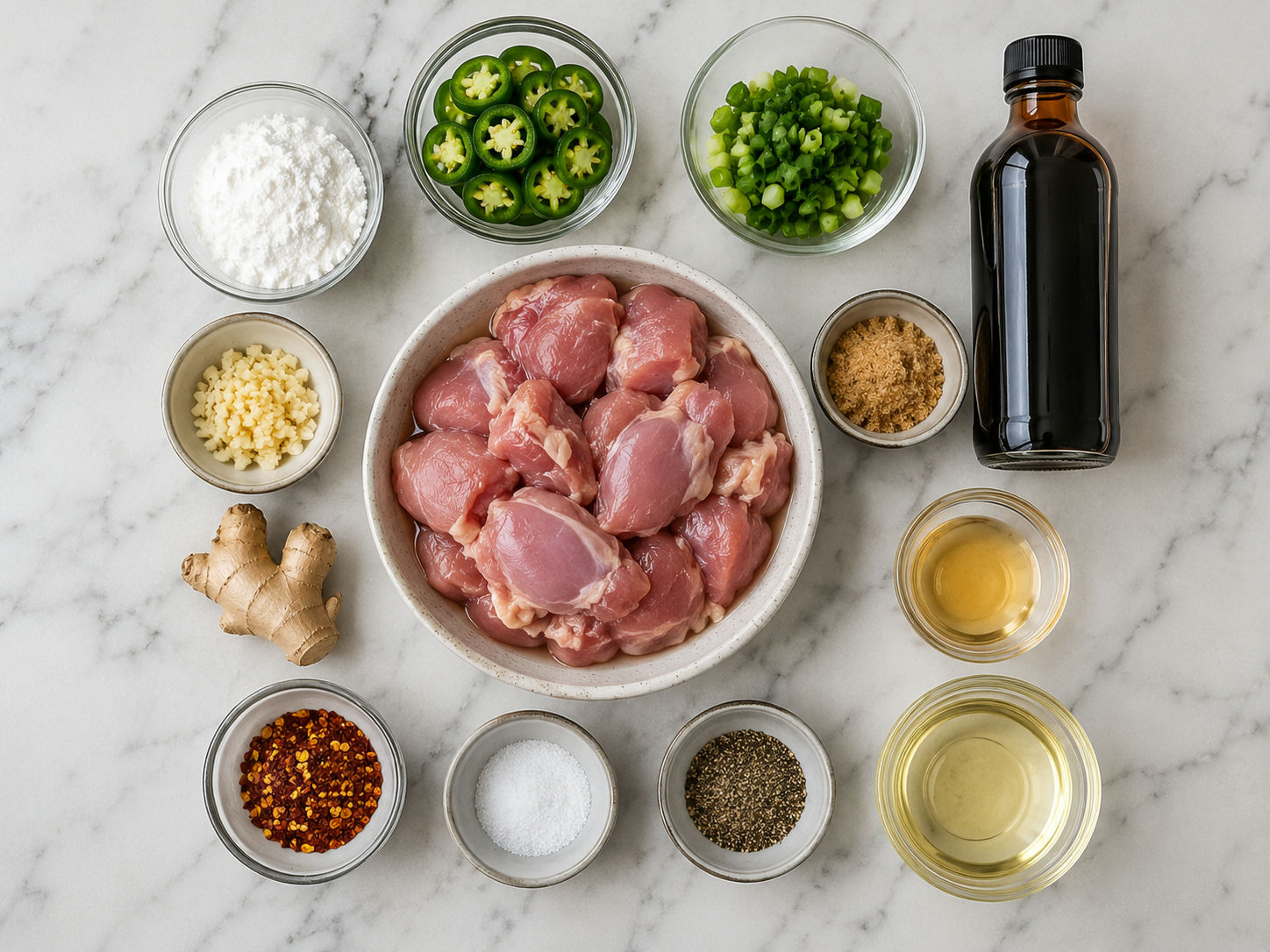 Ingredients for crispy spicy jalapeño chicken on a light wood counter