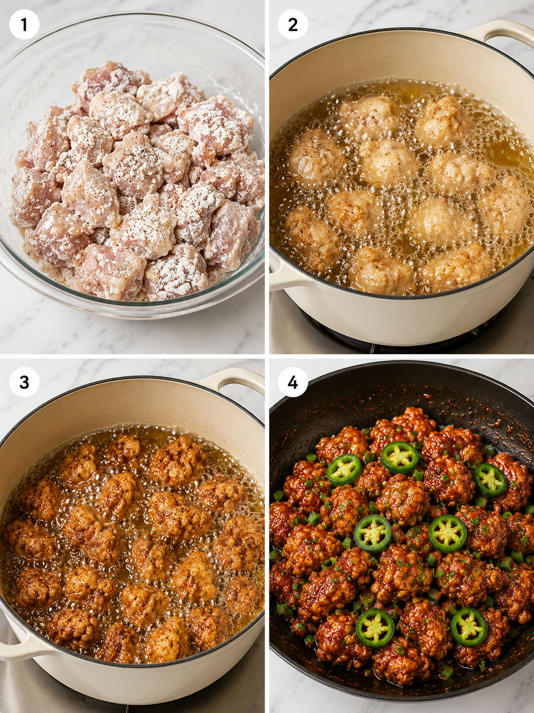 Four cooking steps for crispy spicy jalapeño chicken