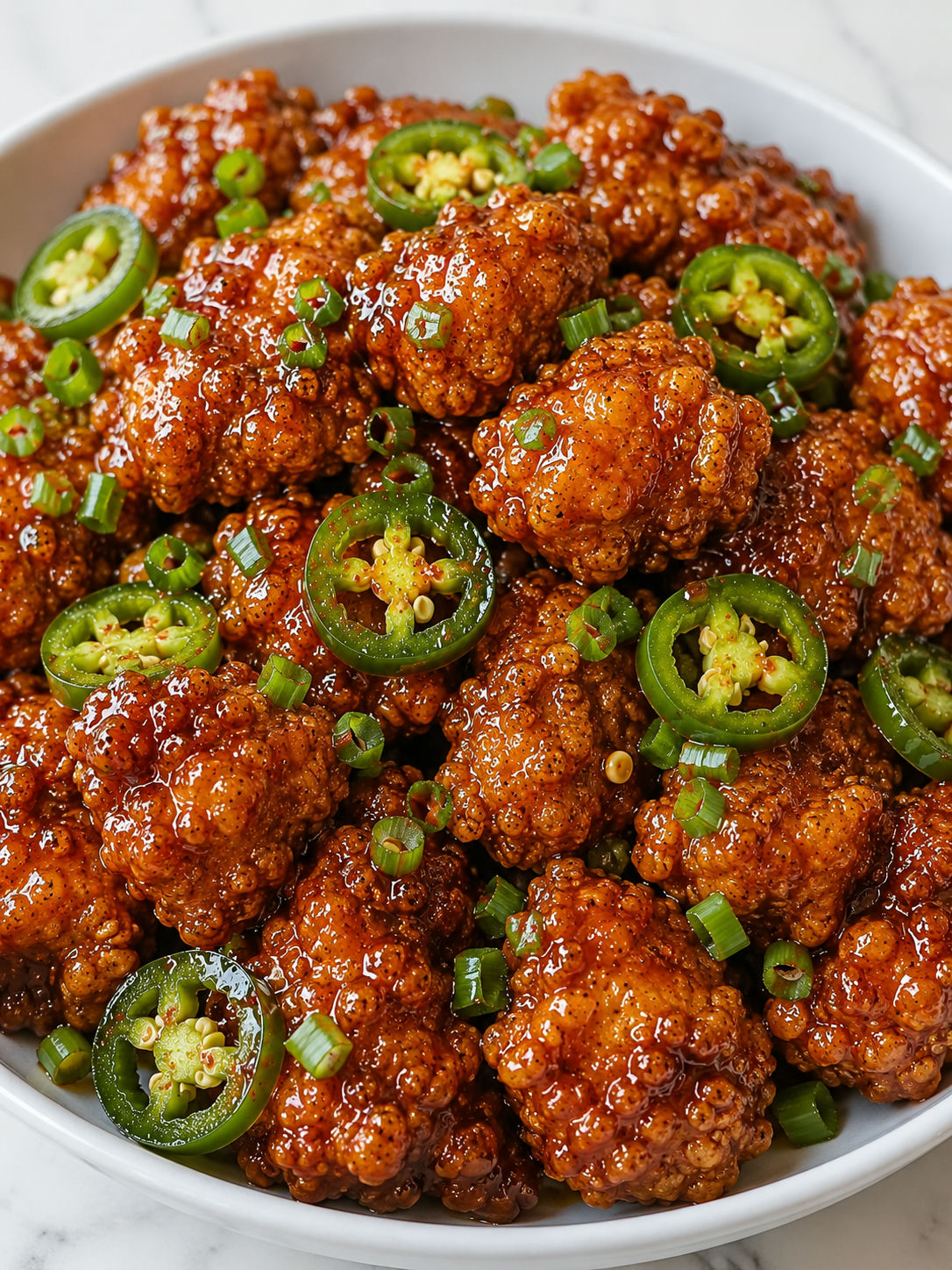 Glossy crispy spicy jalapeño chicken bites with scallions in a white bowl