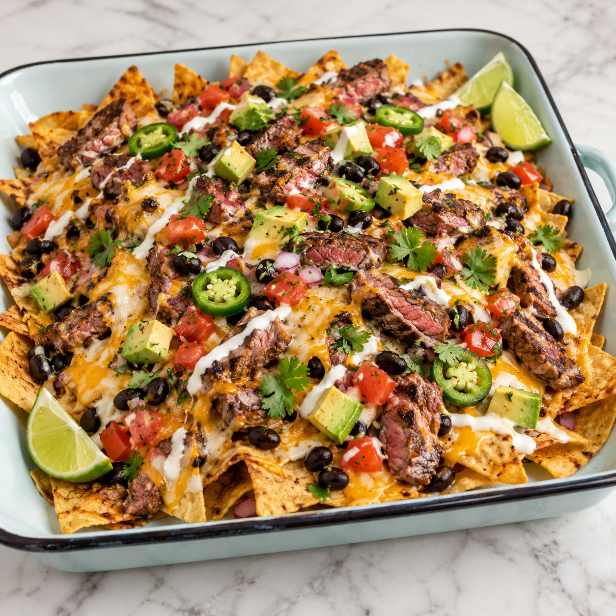 Crispy steak taco nachos with melted cheese, pico, avocado, and crema