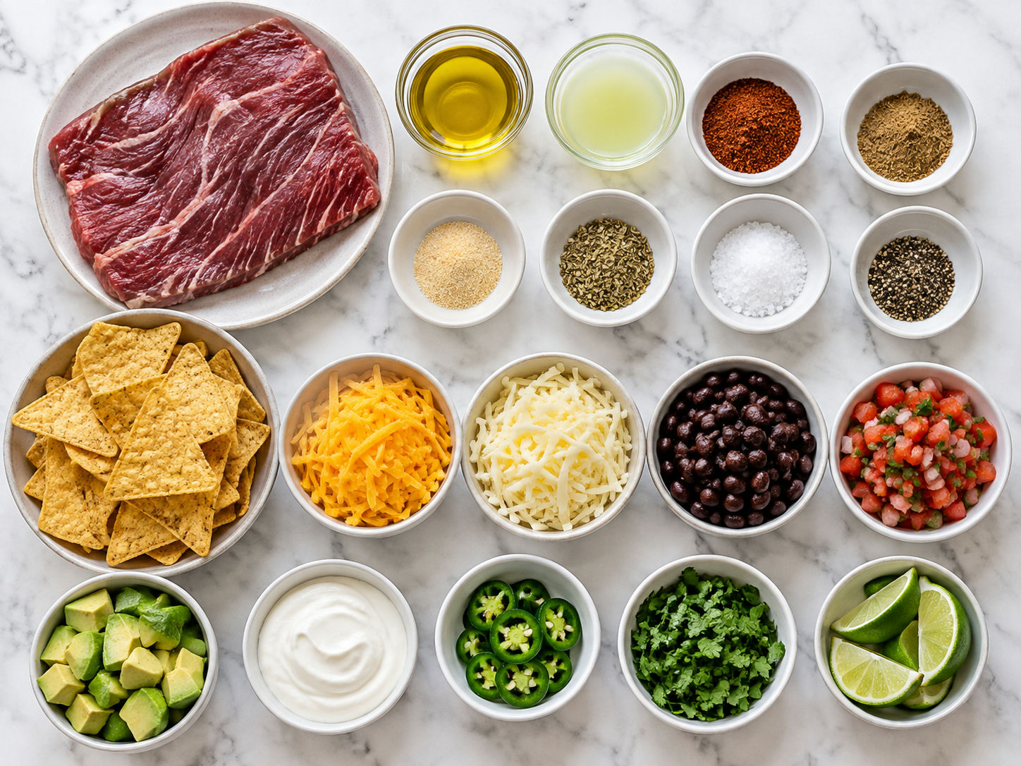 Ingredients for steak taco nachos with chips, steak, cheese, beans, and toppings