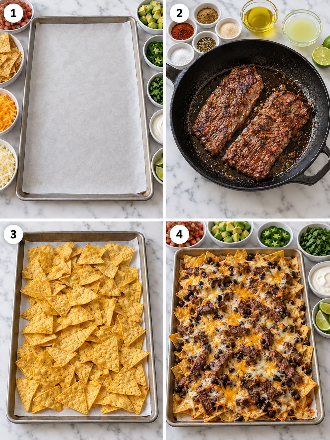 Four steps for making steak taco nachos from seasoning to topping