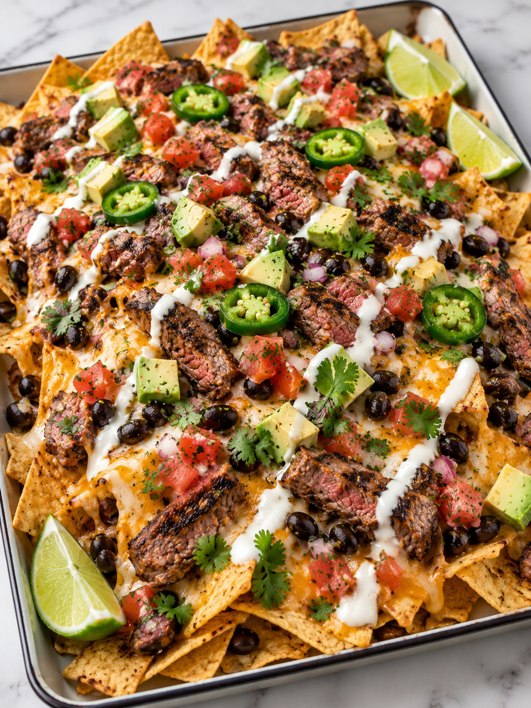 Loaded steak taco nachos with melted cheese, avocado, jalapeno, and crema