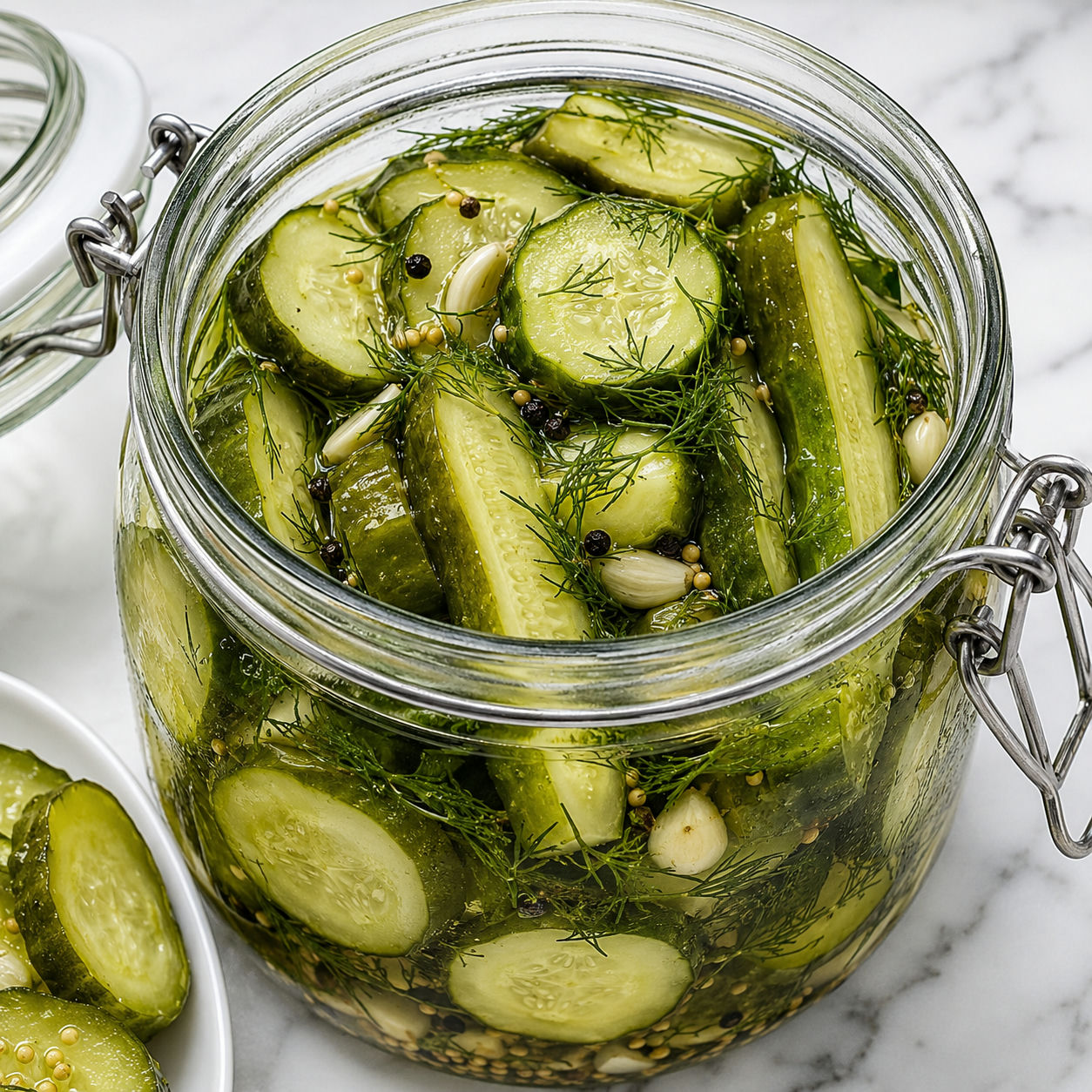 Crunchy refrigerator dill pickles in a glass jar with dill and garlic