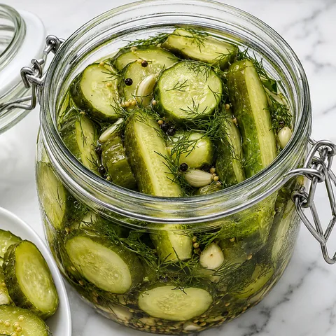 Crunchy refrigerator dill pickles in a glass jar with dill and garlic