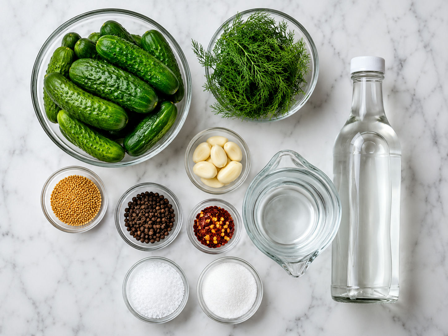 Ingredients for refrigerator dill pickles with cucumbers, dill, garlic, and spices