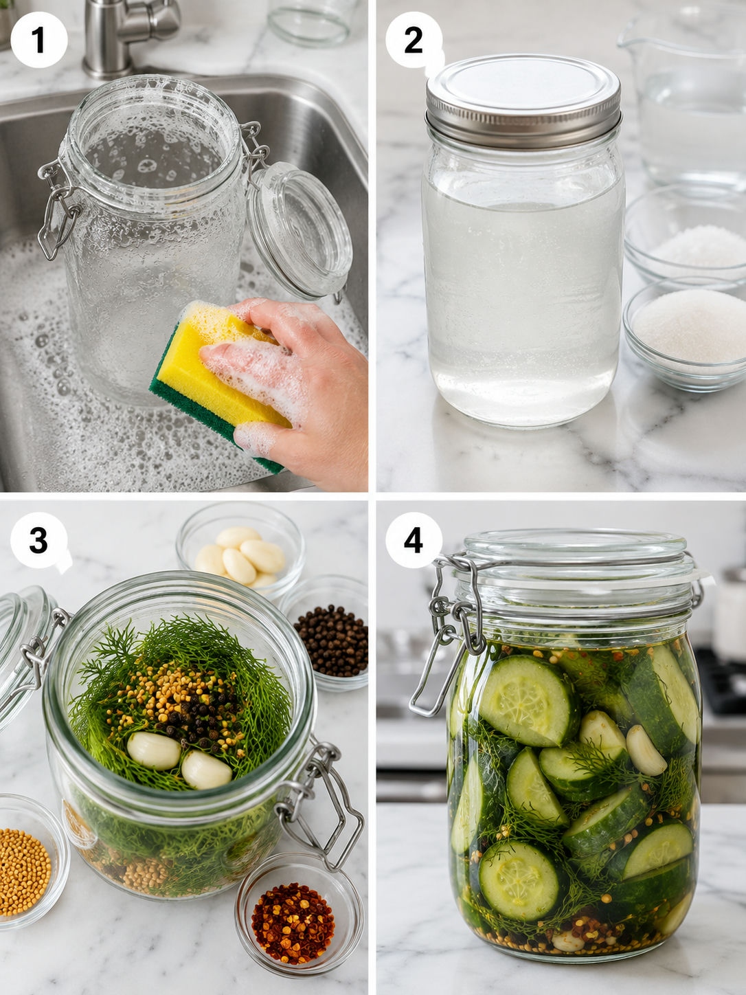 Four steps for making refrigerator dill pickles in a glass jar