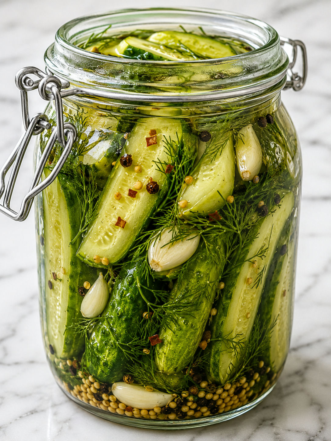Cold crunchy dill pickle spears in a glass jar with garlic and fresh dill