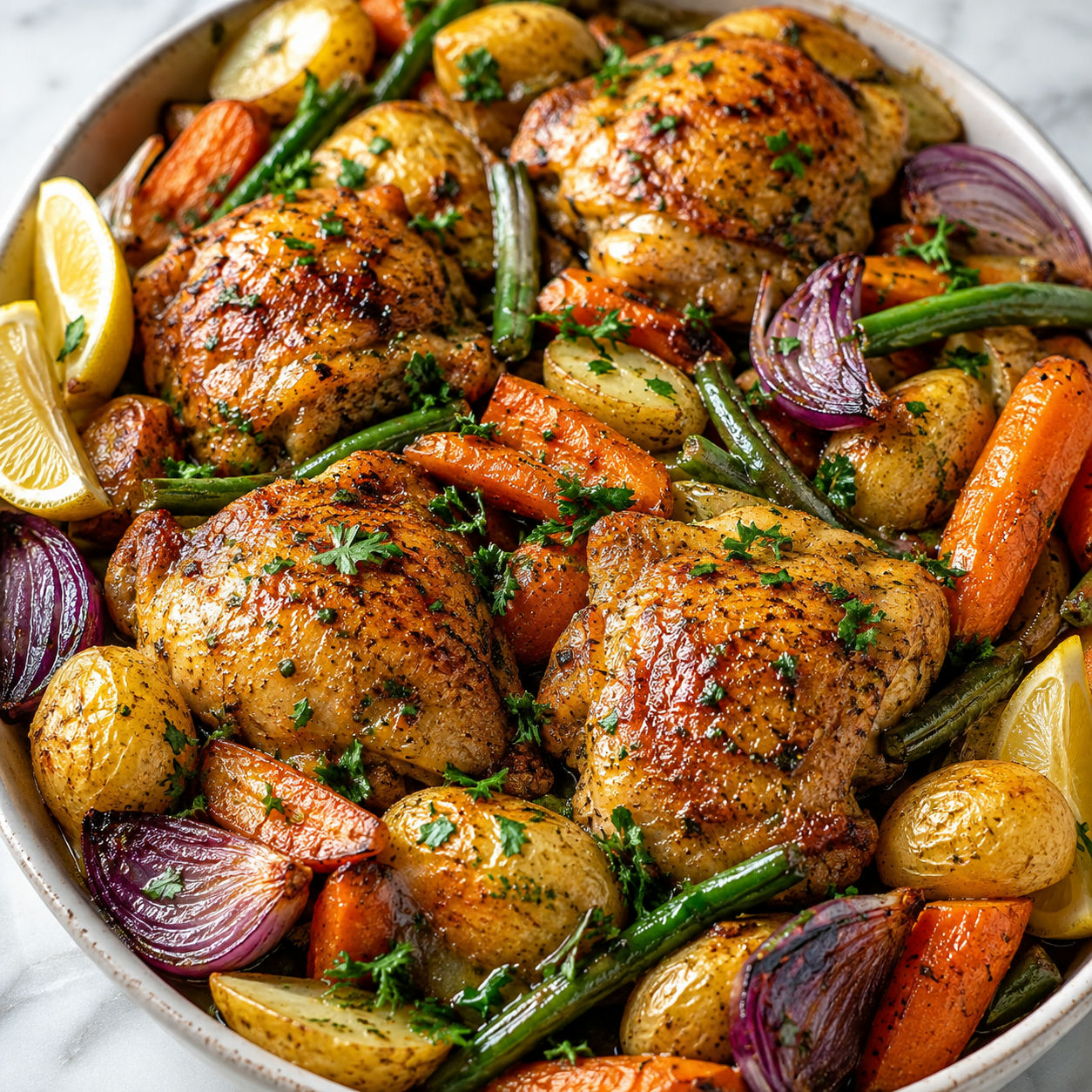 Baked chicken thighs with roasted potatoes, carrots, green beans, and lemon