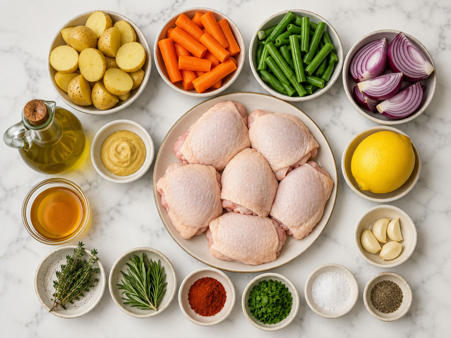 Raw chicken thighs, potatoes, carrots, green beans, lemon, herbs, and garlic