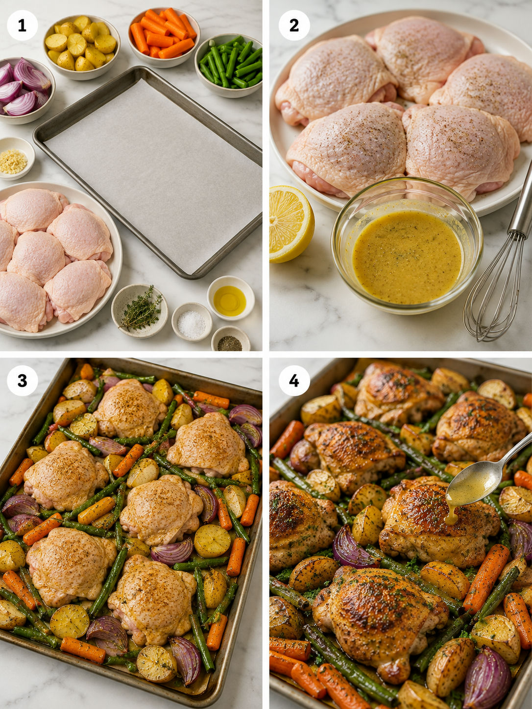 Four steps for baked chicken dinner with vegetables on a sheet pan