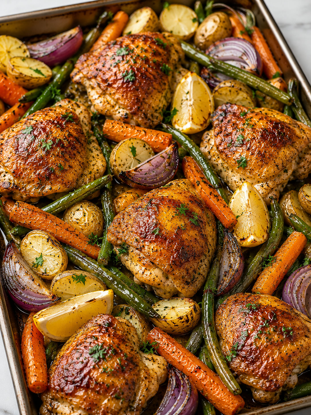 Golden baked chicken dinner with roasted vegetables and lemon herb juices