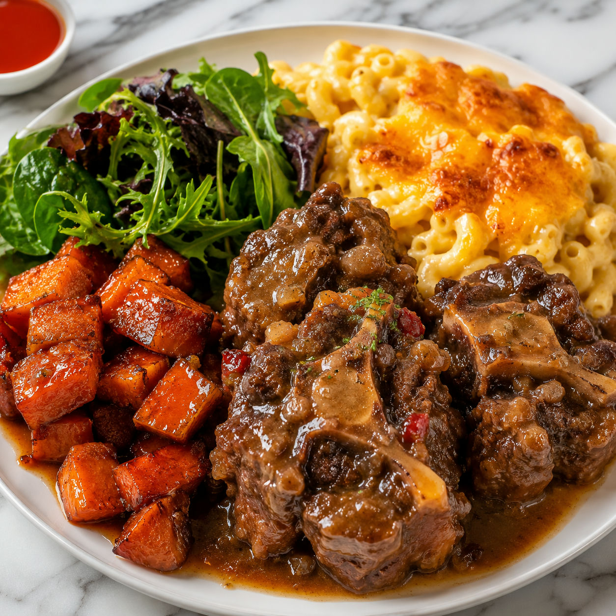 Oxtails plate with mixed greens, candied sweet potatoes, and mac and cheese