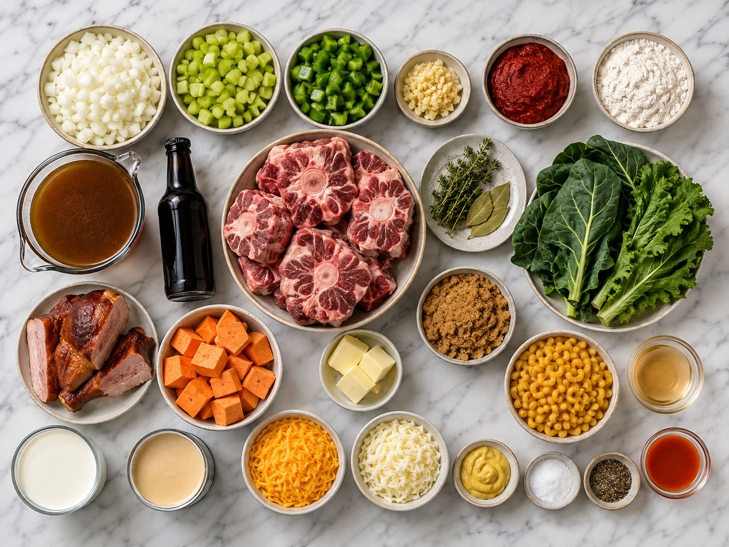 Ingredients for oxtails, greens, candied sweet potatoes, and mac and cheese