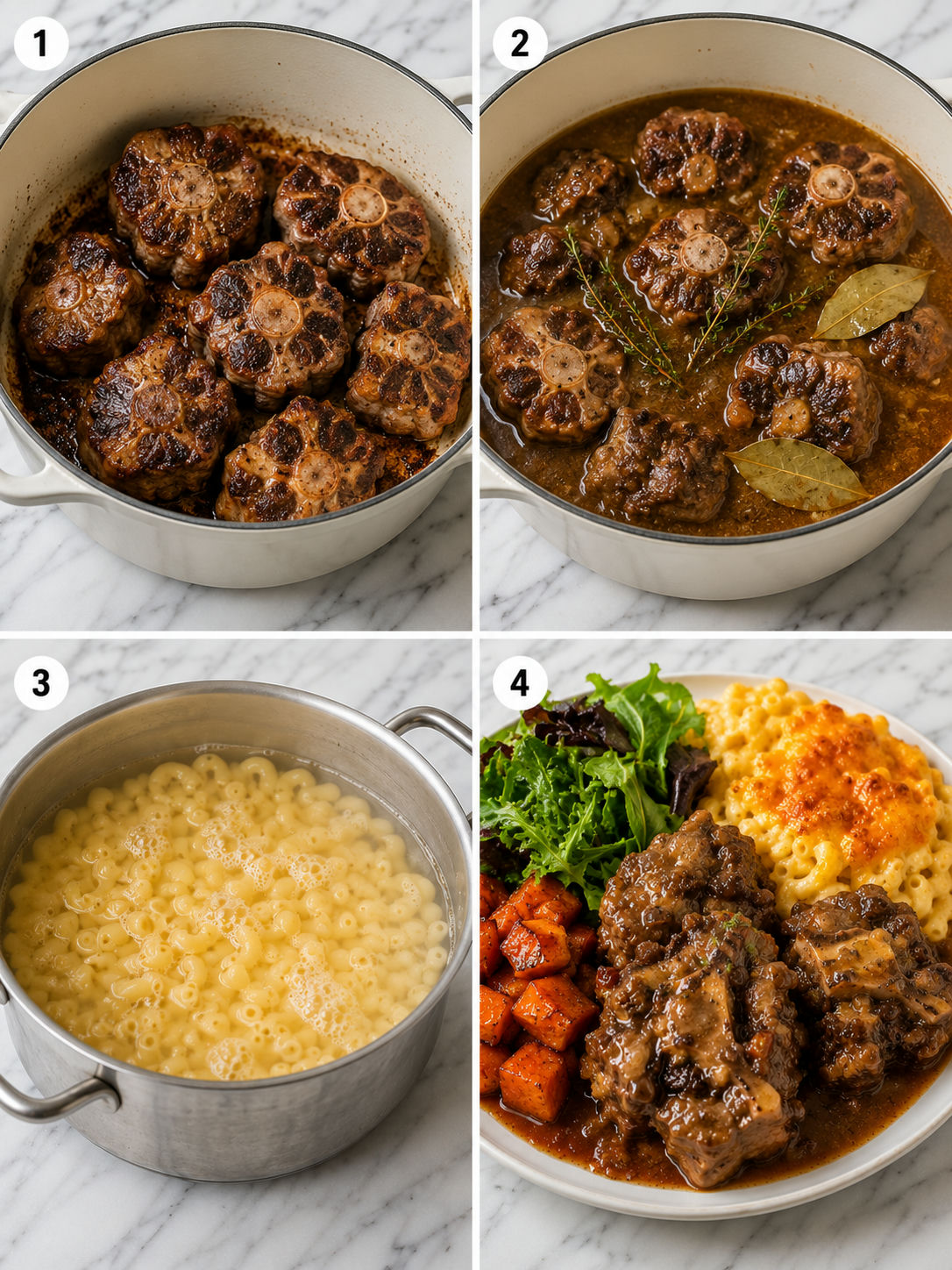Four cooking steps for oxtails, greens, sweet potatoes, and mac and cheese