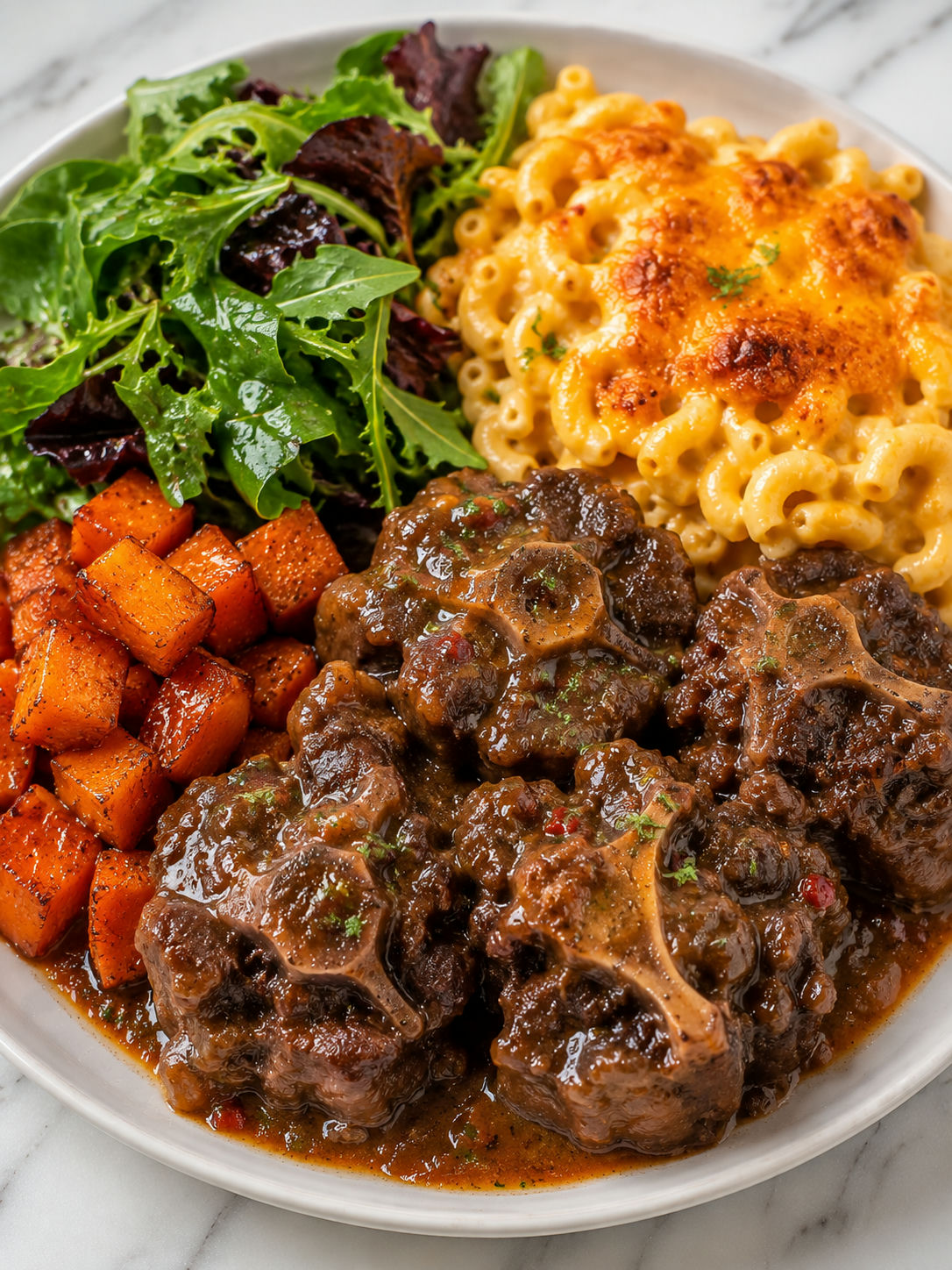 Southern oxtails plate with greens, candied sweet potatoes, and baked mac