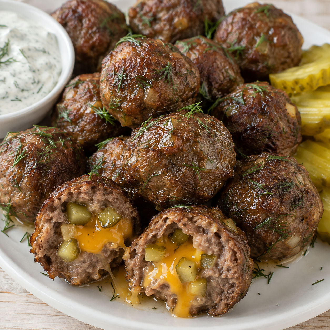 Dill pickle stuffed meatballs with melted cheddar and creamy dill dip