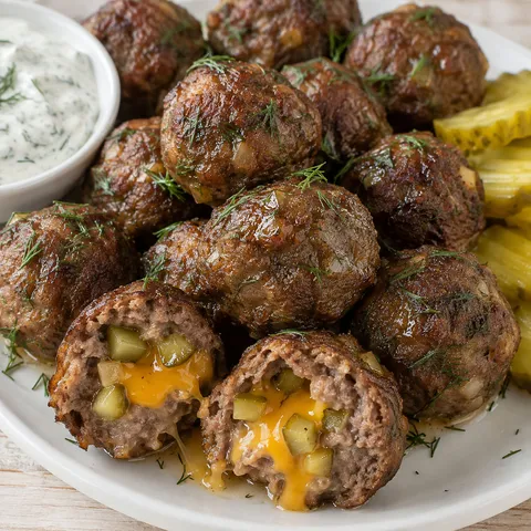 Dill pickle stuffed meatballs with melted cheddar and creamy dill dip