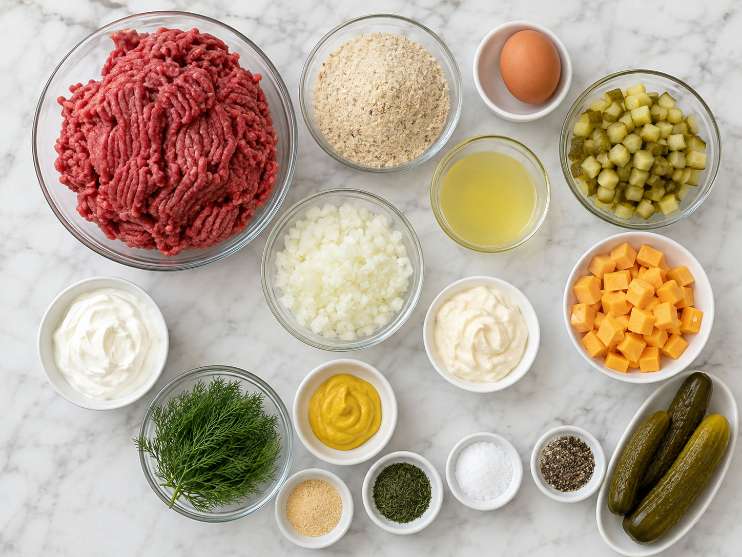 Ingredients for dill pickle stuffed meatballs with beef, cheddar, and pickles