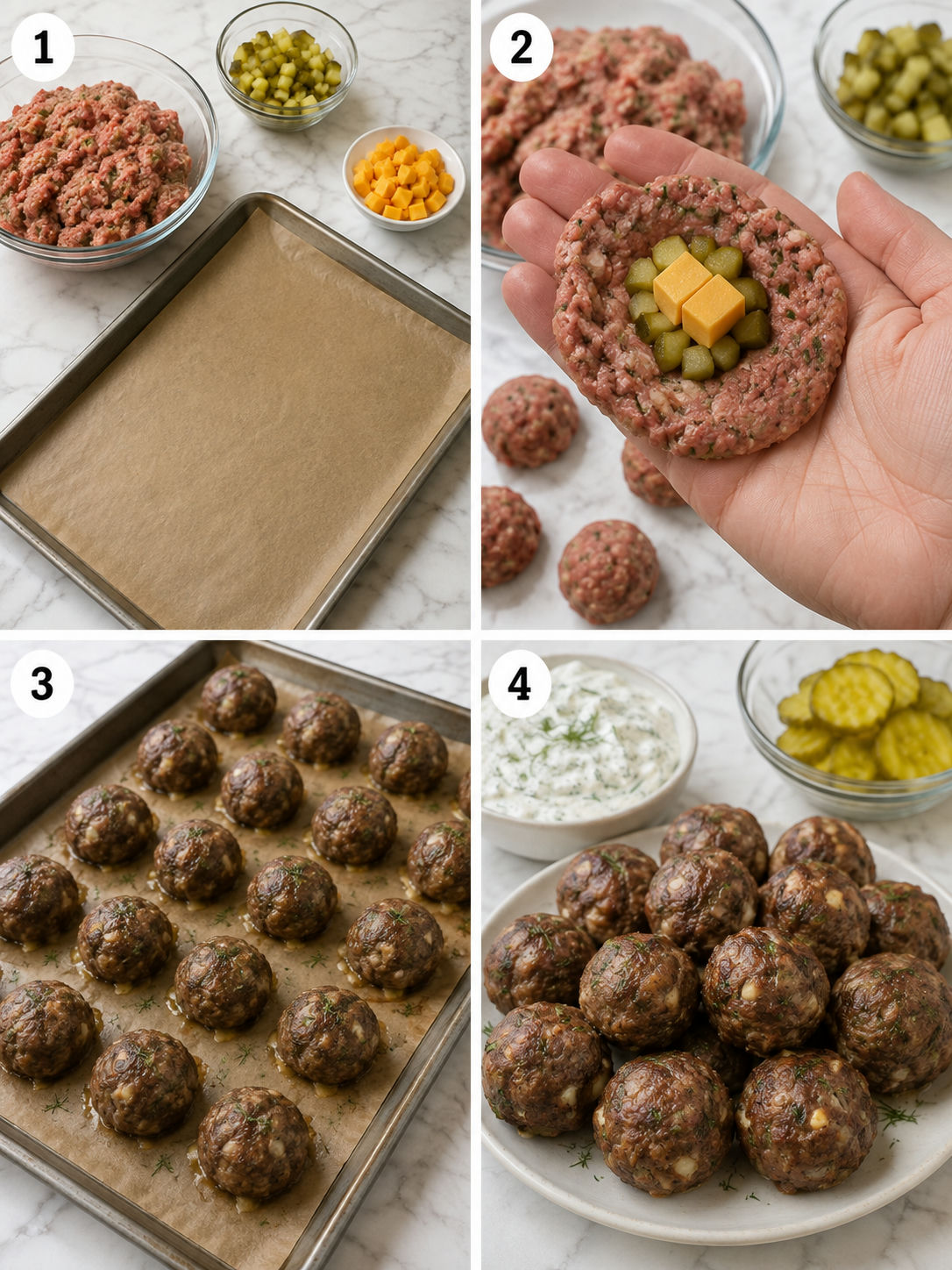 Steps for mixing, stuffing, and baking dill pickle stuffed meatballs