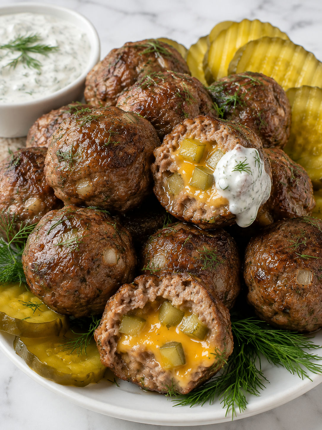 Cheddar filled dill pickle meatballs on a platter with dill dip