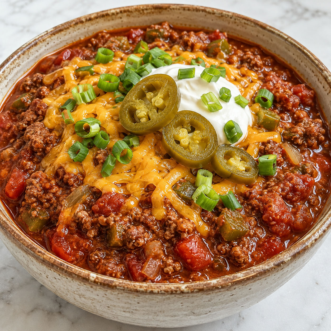 No-bean beef chili with cheddar, sour cream, scallions, and jalapenos
