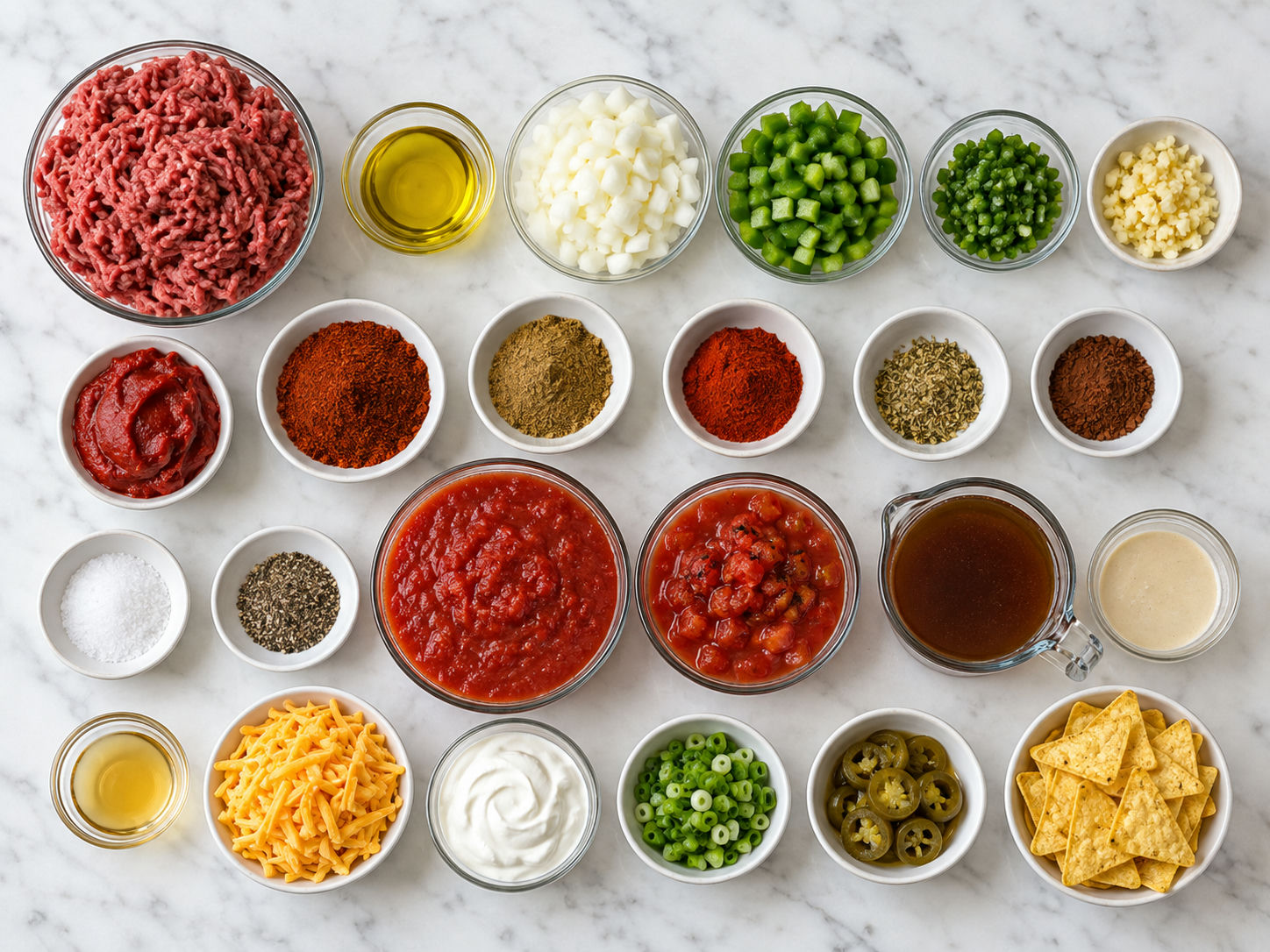 Ingredients for no-bean beef chili with ground beef, tomatoes, peppers, and spices