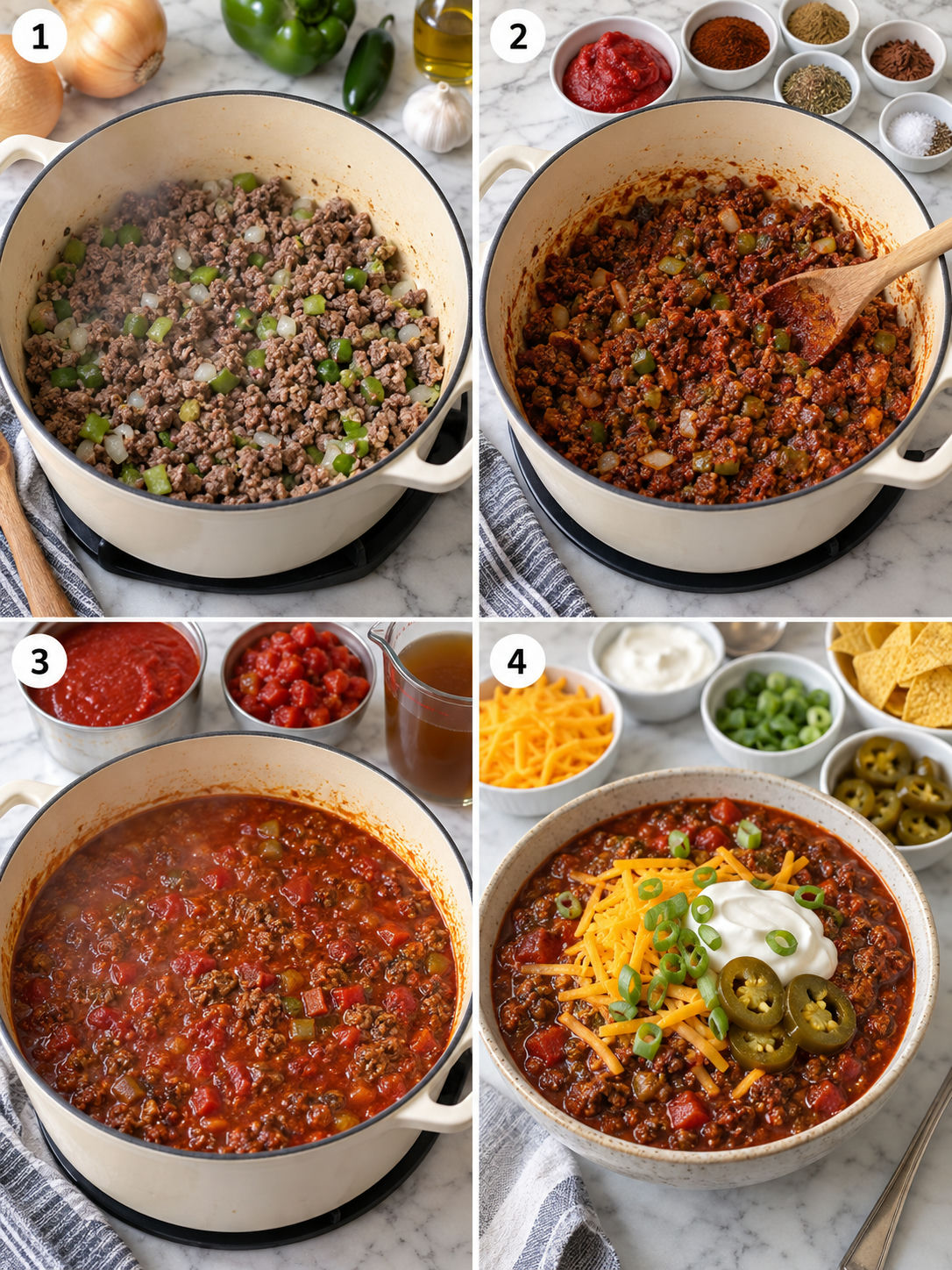 Four cooking steps for no-bean beef chili in a Dutch oven