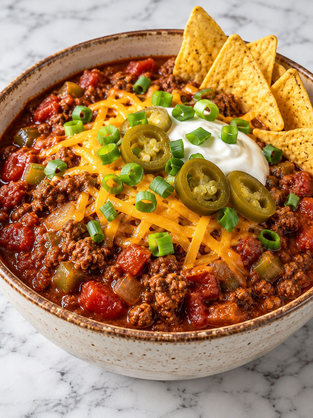 Thick no-bean beef chili topped with cheddar, sour cream, and scallions