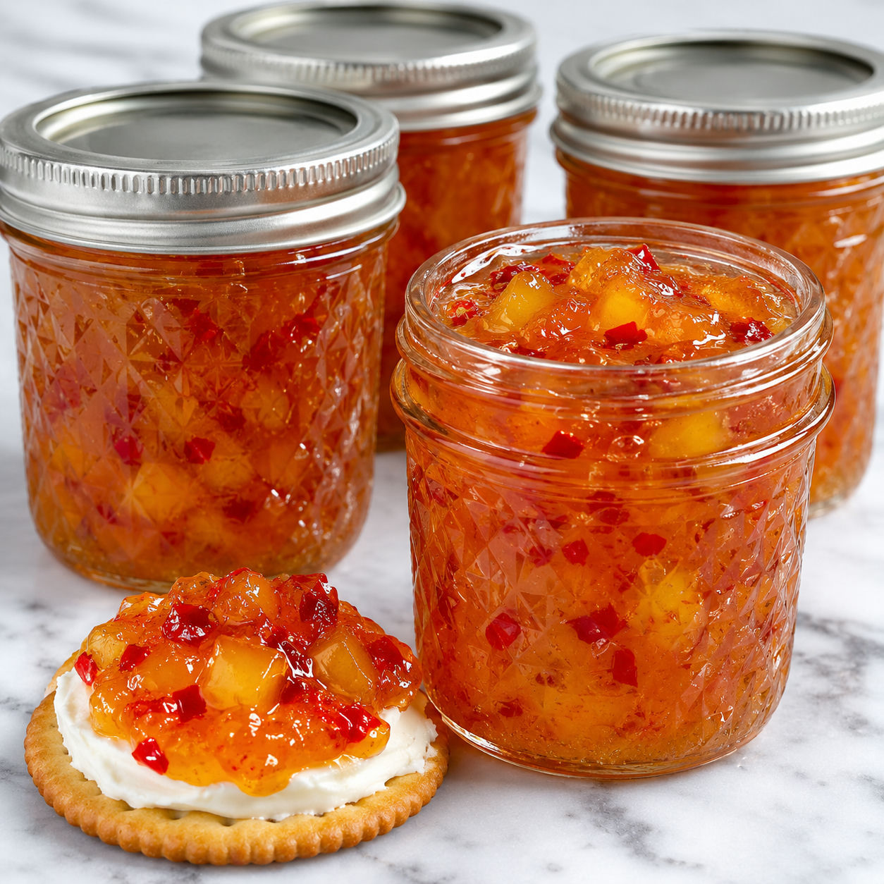 Peach pepper jelly in jars with cream cheese and crackers