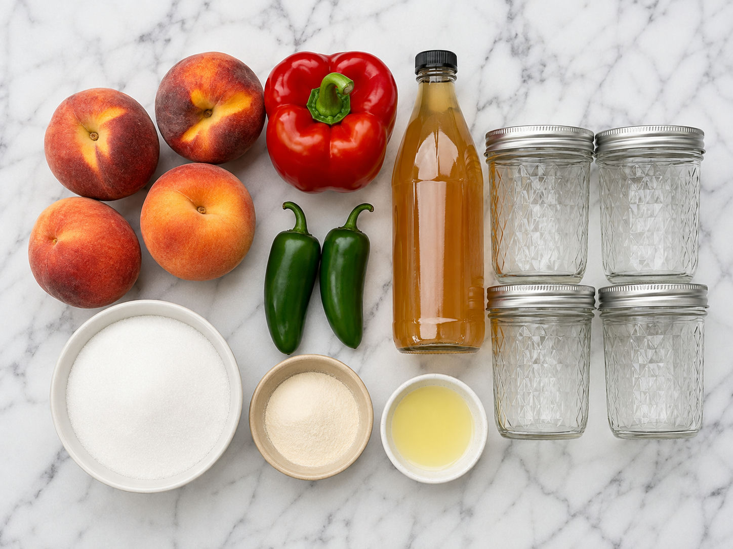 Peaches, peppers, vinegar, sugar, pectin, and jars for pepper jelly