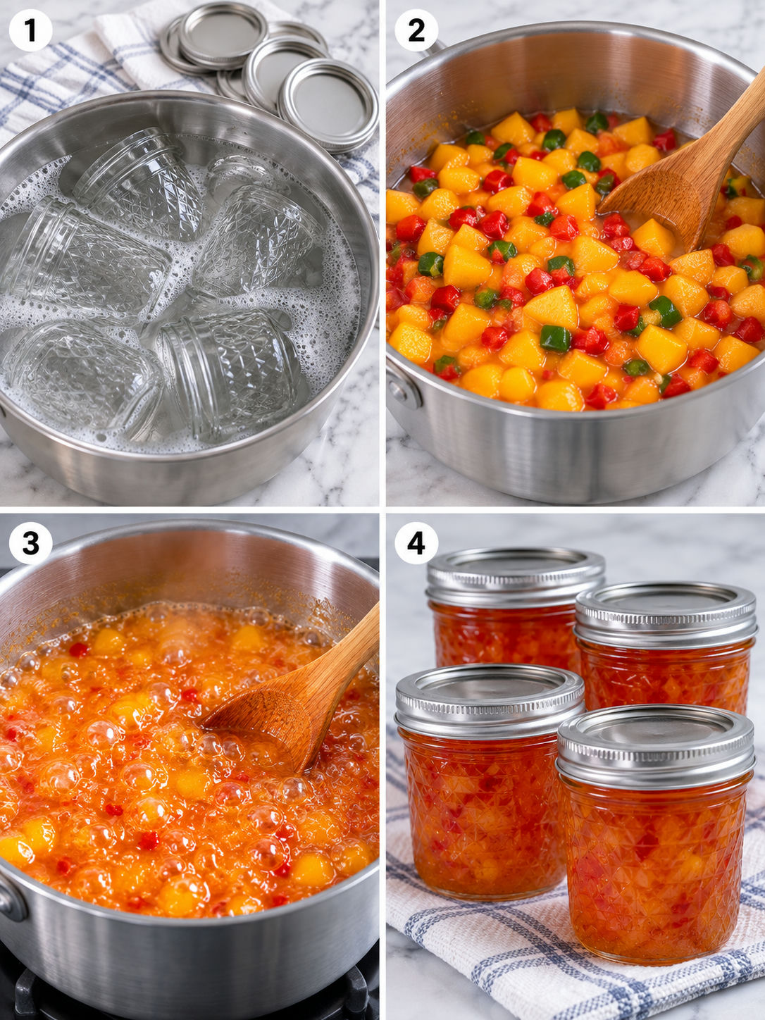Four cooking steps for peach pepper jelly from chopping to filling jars