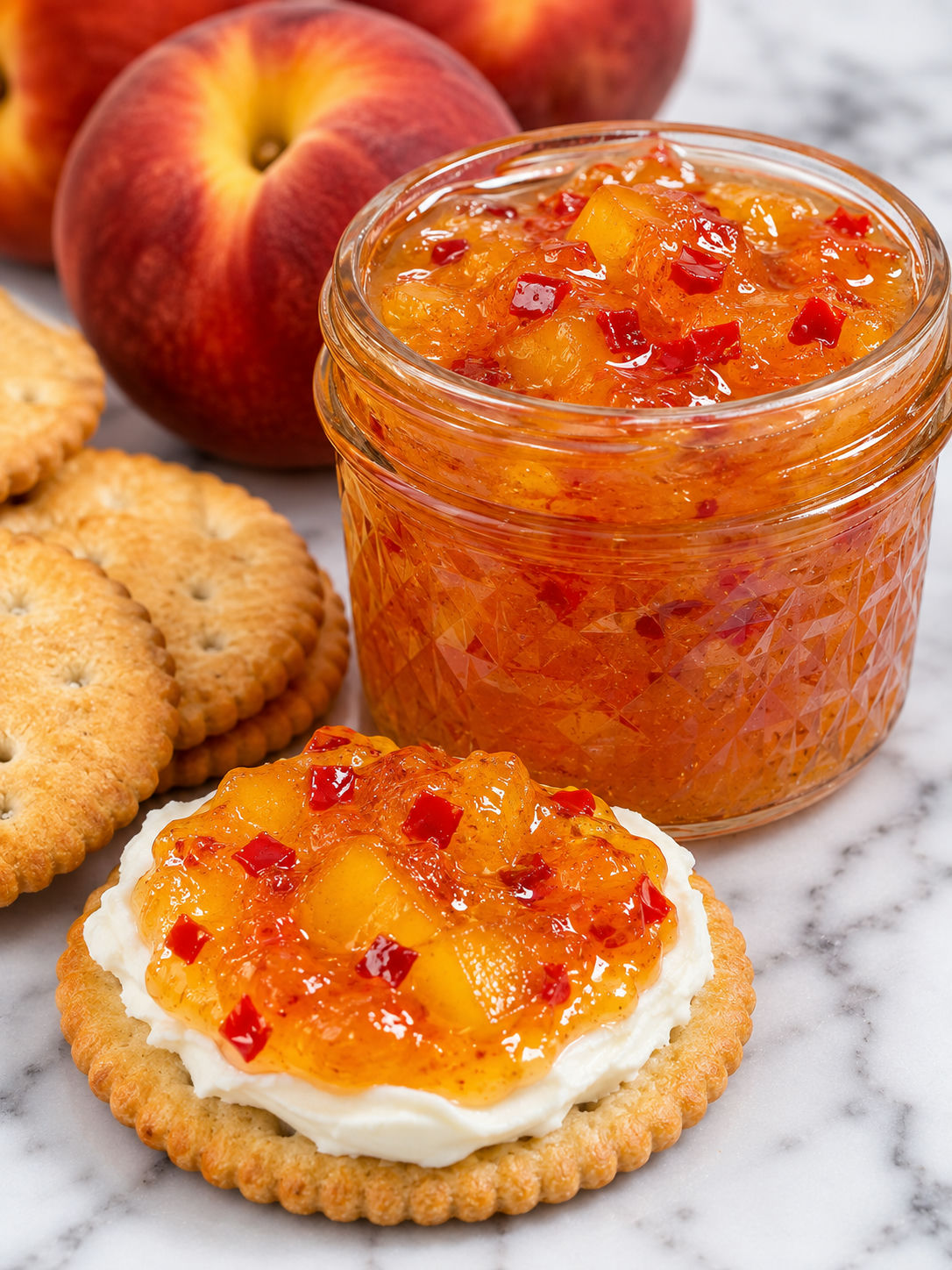 Peach pepper jelly spooned over cream cheese with crackers