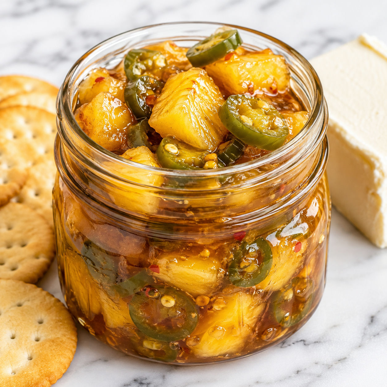Pineapple cowboy candy with jalapenos in glossy syrup