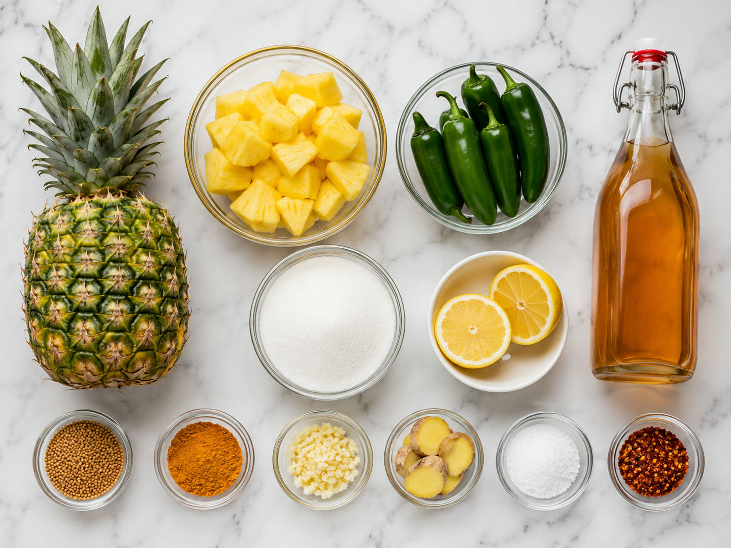 Fresh pineapple, jalapenos, vinegar, sugar, and spices for cowboy candy