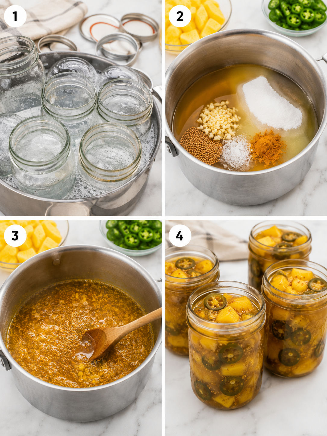 Four steps for making pineapple cowboy candy in jars