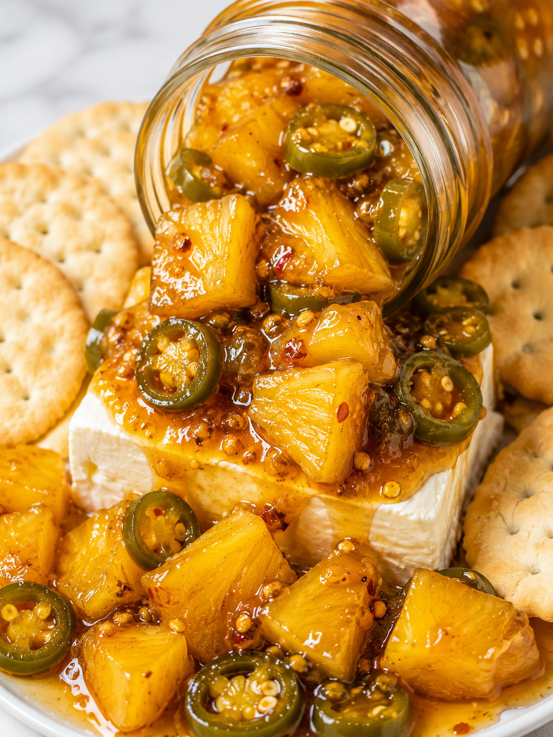 Pineapple cowboy candy spooned over cream cheese with crackers